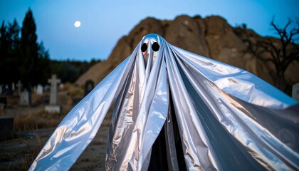 Ghostly figure in cemetery at dusk