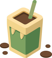 a Halloween-themed green juice box with vampire fangs, filled with brown liquid, and a green straw sticking out.