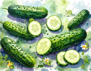 Watercolor cucumbers and slices on a speckled background