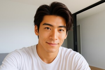 笑顔の若いアジア人男性のポートレート、カジュアルなライフスタイルのコンセプト