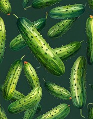 Watercolor cucumbers on dark green background