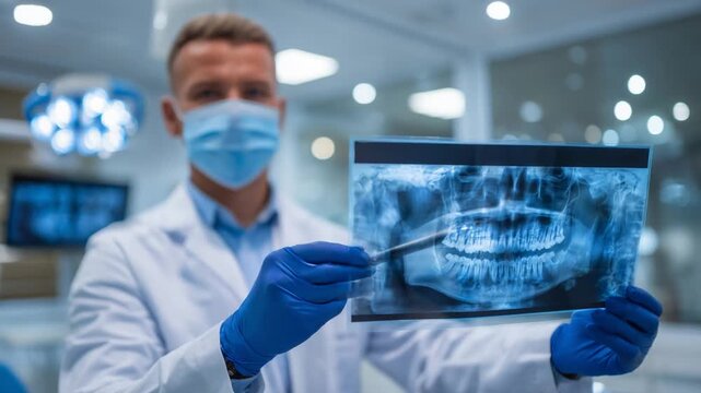 Dentist examines bone structure on a panoramic X-ray in a bright, clinical setting.