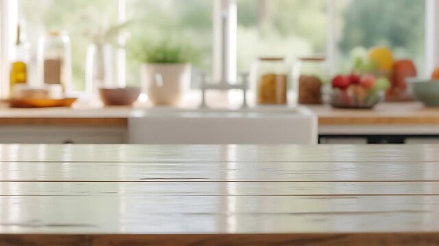 A bright cinematic video of a rustic modern kitchen with a polished wooden countertop in focus. Sunlight and blurred background create a cozy, homely atmosphere. Perfect stock footage for cooking.