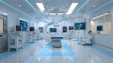 Obraz premium Modern Futuristic Operating Room with Advanced Medical Equipment and Blue Lighting