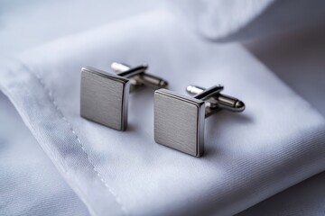 Square Silver Cufflinks on White Dress Shirt Fabric
