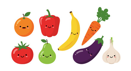 Fototapeta premium Cute Kawaii Fruits and Vegetables Characters Collection.