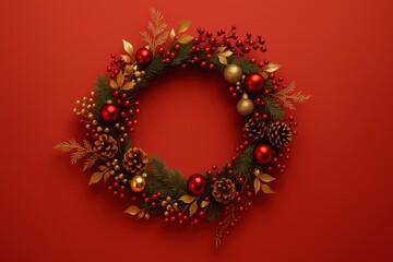 赤い背景に飾られたクリスマスリース、ホリデーシーズンをお祝いする装飾イメージ