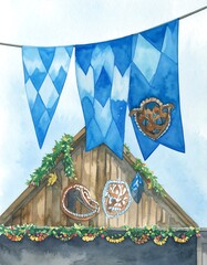 Watercolor depiction of festive flags and decorations
