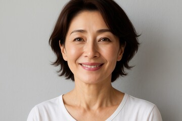 笑顔の日本人女性のポートレート、グレーの背景