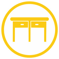 Minimalist yellow desk with two drawers icon in a circular frame for workspace design