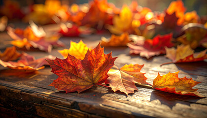 Autumn Leaves on Rustic Wood: A close-up view of vibrant, fallen leaves in rich reds, oranges, and yellows lies scattered on a weathered, textured wooden surface.