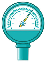 Teal pressure gauge dial with a yellow indicator needle pointing upwards towards markings