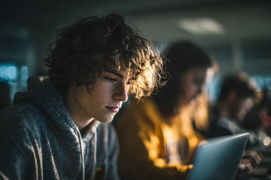 High school students using laptop during computer class
