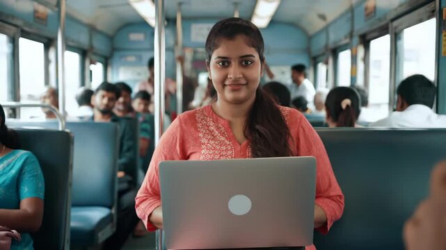 Smiling young woman using laptop, working on the bus with passengers in background. Commuting, technology, travel, lifestyle concept.