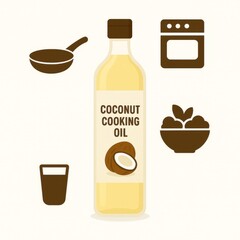 Coconut cooking oil bottle with illustrations of a frying pan oven bowl of ingredients and a glass