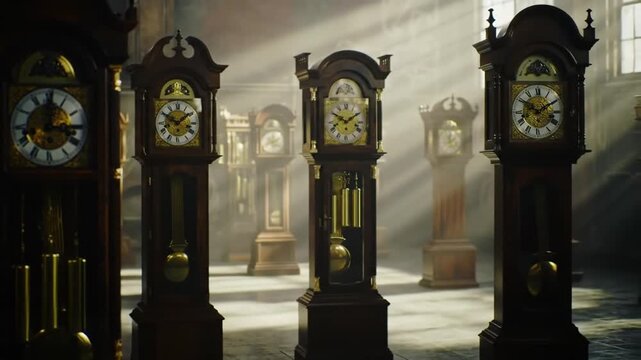 Cinematic Journey Through a Mysterious Hall of Antique Grandfather Clocks Bathed in Sunlight.