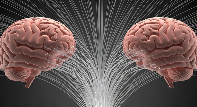 Two Brains Connected by Glowing Fibers.