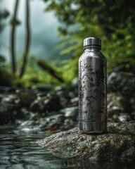 Stainless Steel Water Bottle by a Mountain Stream