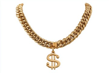 Golden chain necklace with dollar symbol pendant, displayed on white background.