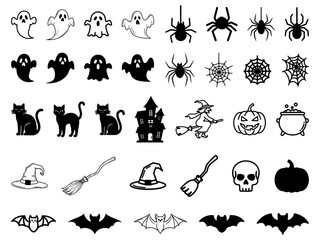 Naklejka premium A comprehensive set of Halloween themed icons including ghosts, spiders, bats, pumpkins, witches, and haunted houses. Perfect for festive designs.