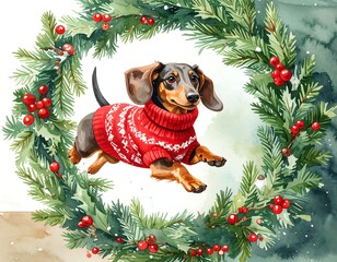 Watercolor dog in a festive wreath