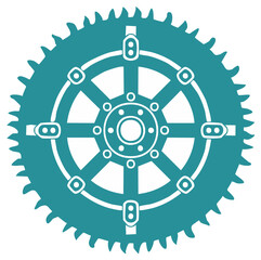 Fototapeta premium Teal spiked wheel with white geometric structure and eight spokes on a white backdrop.