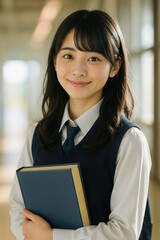 笑顔の女子高生、制服姿で教科書を持ち学校の廊下に立つ