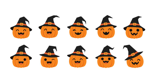 Cute Halloween Pumpkins Wearing Witch Hats Collection.
