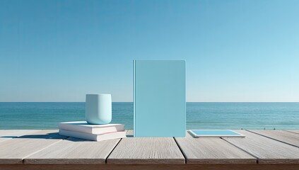 Beachside book mockup, ocean view, summer, calm