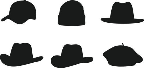 Hat Silhouette Collection, Set of Headwear Icons, Cap, Beanie, Fedora, Beret, Cowboy Hat, vector illustration