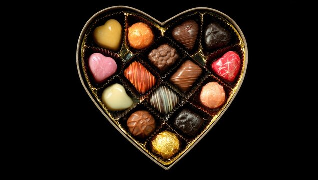Heart-shaped chocolates box, assorted, studio shot, black background, Valentine's Day gift - Powered by Adobe