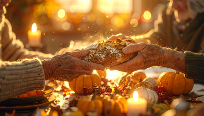 Sharing the Harvest's Embrace: Tender hands pass a fresh loaf of bread across a warm, candlelit table, surrounded by seasonal pumpkins and autumn leaves, representing shared gratitude and connection.