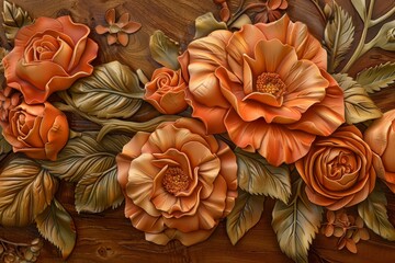 Ornate floral design in warm autumnal tones, depicting a sculpted arrangement of roses and poppies on a wooden backdrop.