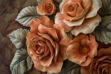 Intricate, detailed floral design featuring a cluster of stylized roses and other blossoms in warm, muted tones, beautifully rendered on a textured background.