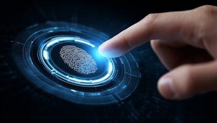 Hand Pressing Blue Futuristic Touchscreen Button with Digital Interface Background