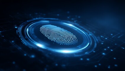 Hand Pressing Blue Futuristic Touchscreen Button with Digital Interface Background