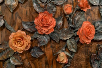 Intricate carvings of roses and leaves adorn a rich wooden surface, showcasing detailed artistry and warm hues.