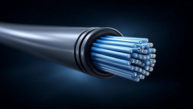 Fiber optic network cable equipment on black background with silver and red wires isolated