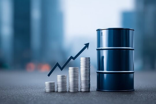 Oil barrels with dollar symbols and growth chart in 3D business illustration