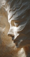 Close-up of a sculpted face, light beige,  with deeply carved textures,  profile view