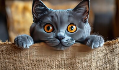 Curious gray cat peeking from a burlap sack