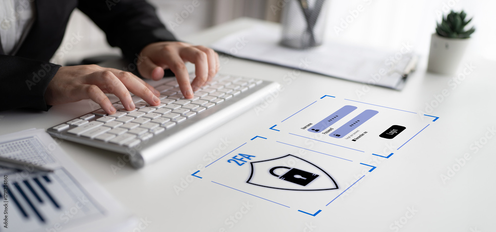 Poster two-factor authentication strengthens login system security. adds protection, two-factor authenticat