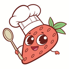 Obraz premium Cartoon strawberry chef with a spoon isolated on a