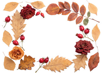 frame of dried roses, leaves and berries on white