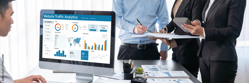 Poster business intelligence and data analysis concept. analyst team working on financial data analysis das
