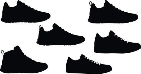 Sneaker silhouettes collection, casual footwear, running shoes, athletic trainer shoes, modern sport sneakers, vector illustration
