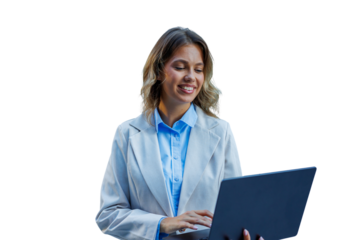 Smiling woman in business casual attire working on a laptop. She is presenting a solution while collaborating and networking online