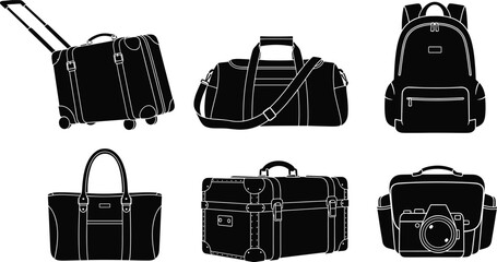 Travel bags silhouettes, suitcase, duffel, backpack, tote, trunk and camera bag collection, vector illustration © PixelsWorld