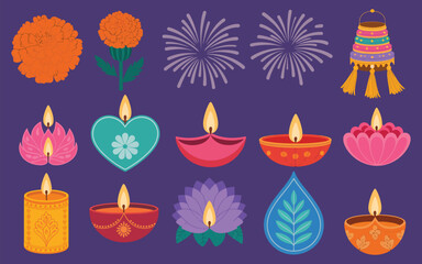 Diwali Greeting and Festive Element Set – Colorful and Traditional Design Elements for Celebrating Diwali, Including Lamps, Candles, Rangoli, and Decorative Patterns