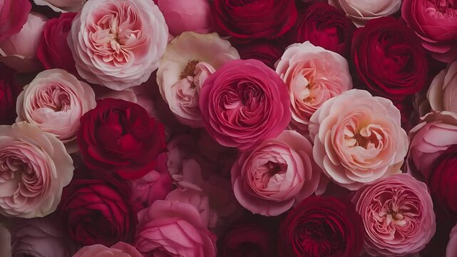 A romantic overhead video of pink and white roses in full bloom. The delicate petals and soft colors create an elegant and intimate floral scene. Perfect stock footage for weddings, love themes